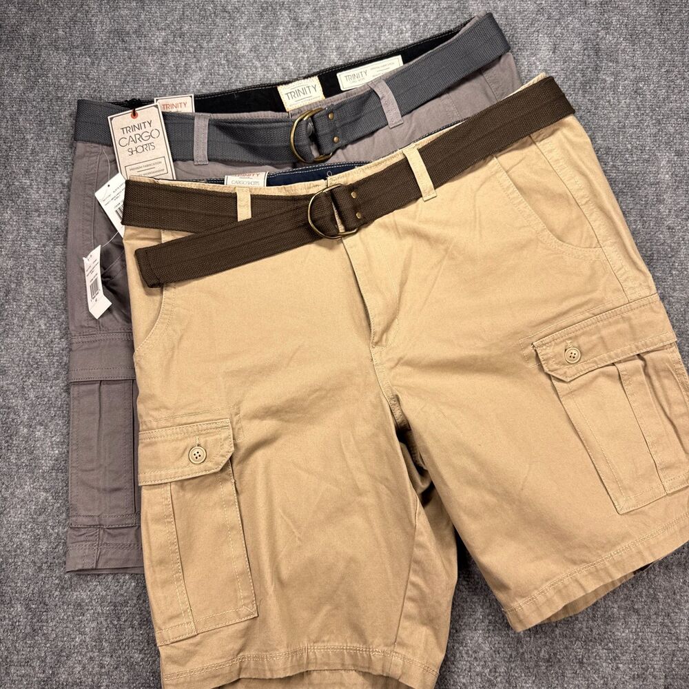 (2) NWT Trinity Belted Cargo Shorts Mens 40 Gray and Khaki Casual Outdoors